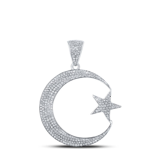 10K White Gold Mens Round Diamond Crescent Moon Star Charm Pendant 3/4 Cttw