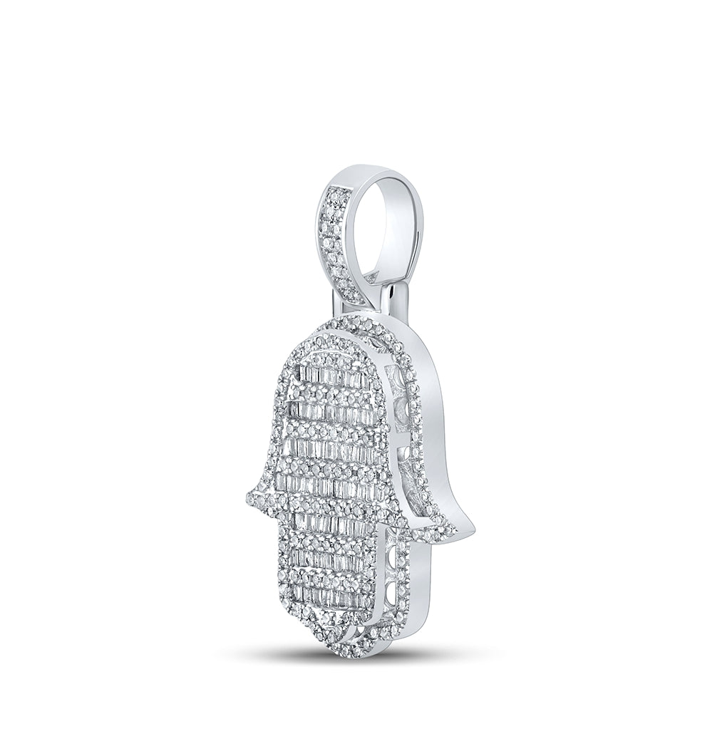 10K White Gold Mens Baguette Diamond Hamsa Charm Pendant 7/8 Cttw, Length: 1.28 In, Width: 0.75 In