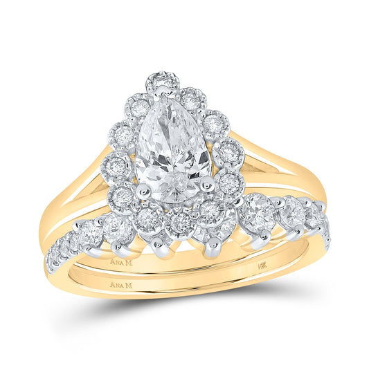14K Yellow Or White Gold Pear Diamond Halo Bridal Wedding Ring Band Set 1-1/2 Cttw, Womens Size: 5-10