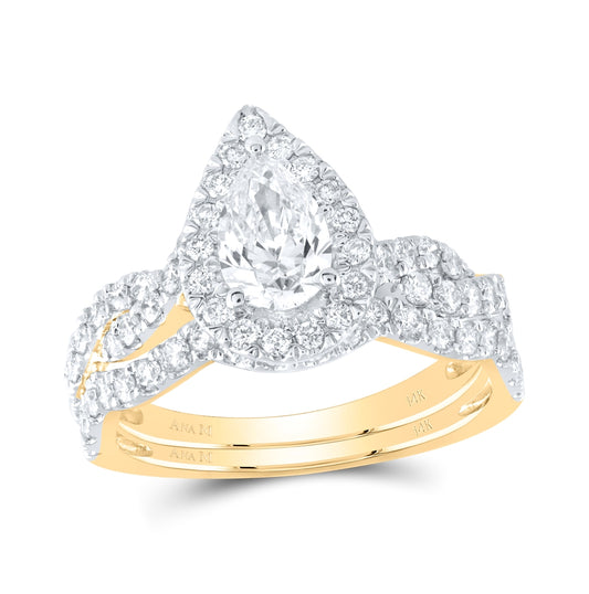 14K Yellow Gold Pear Diamond Halo Bridal Wedding Ring Band Set 1-1/2ctw, Women's Size: 5-10