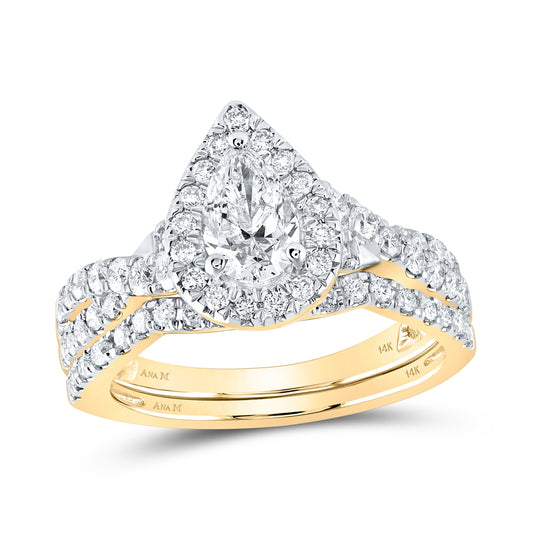14K Yellow Or White Gold Pear Diamond Halo Bridal Wedding Ring Band Set 1-1/2 Cttw, Womens Size: 5-10