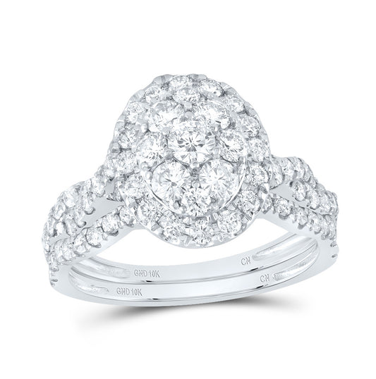 10K White Gold Round Diamond Oval Cluster Bridal Wedding Ring Band Set 1-1/2 Cttw, Womens Size: 5-10
