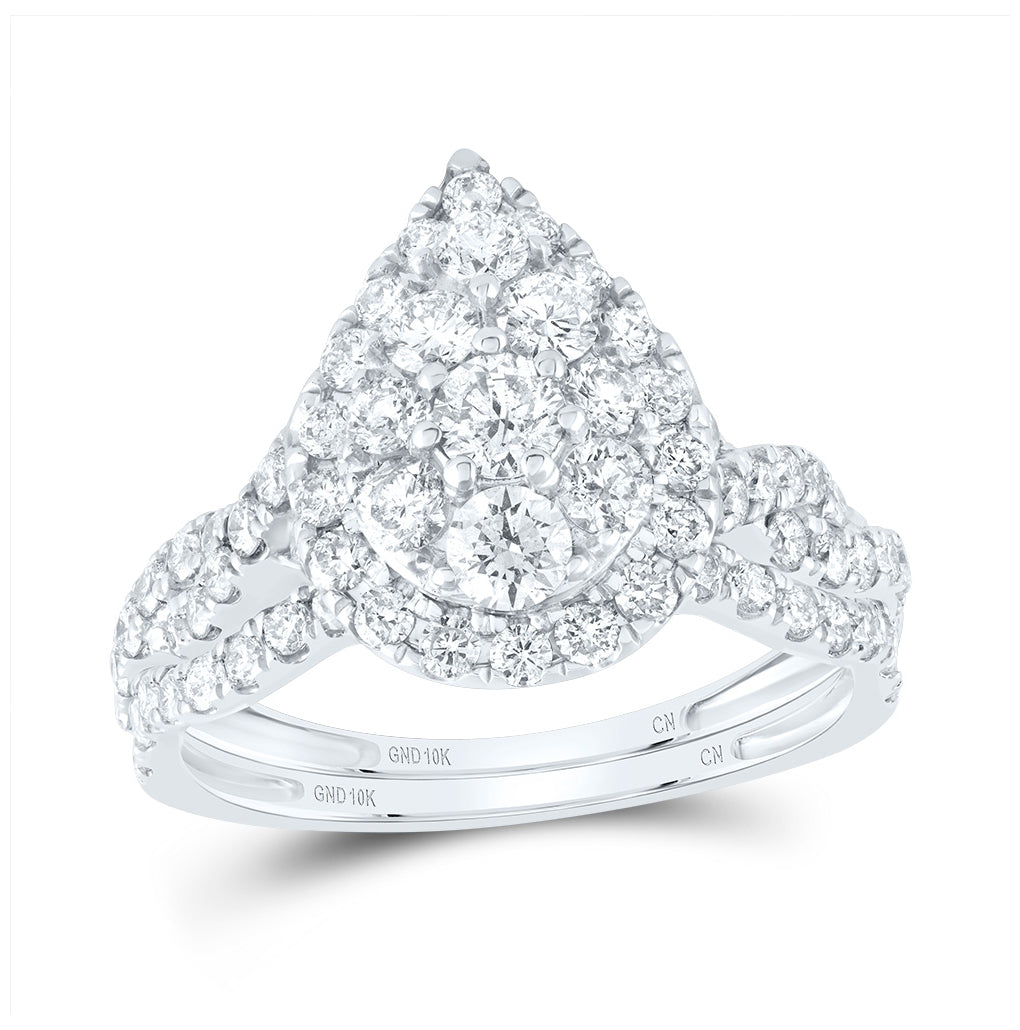 10K White Gold Round Diamond Teardrop Bridal Wedding Ring Band Set 1-1/2 Cttw, Womens Size: 5-10