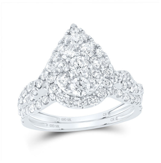 10K White Gold Round Diamond Teardrop Bridal Wedding Ring Band Set 1-1/2 Cttw, Womens Size: 5-10