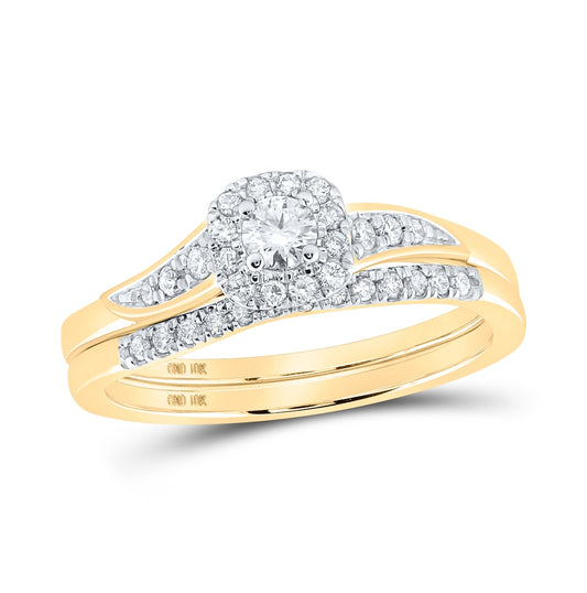 10K Yellow Gold Round Diamond Halo Bridal Wedding Ring Band Set 1/3 Cttw, Womens Size: 5-10