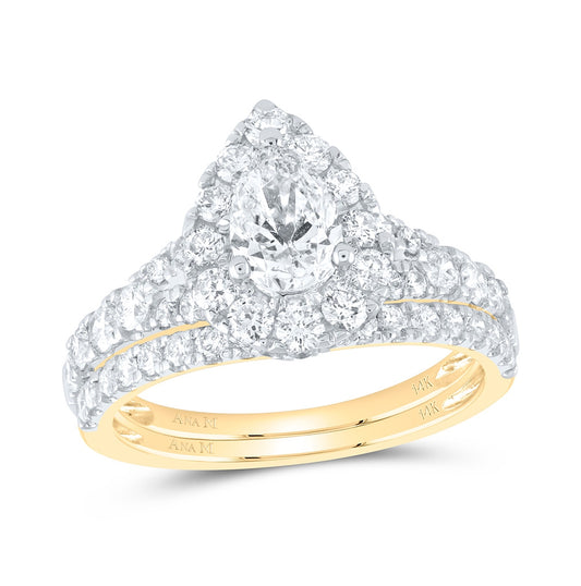 14K White Or Yellow Gold Pear Diamond Halo Bridal Wedding Ring Band Set , Womens Size: 5-10
