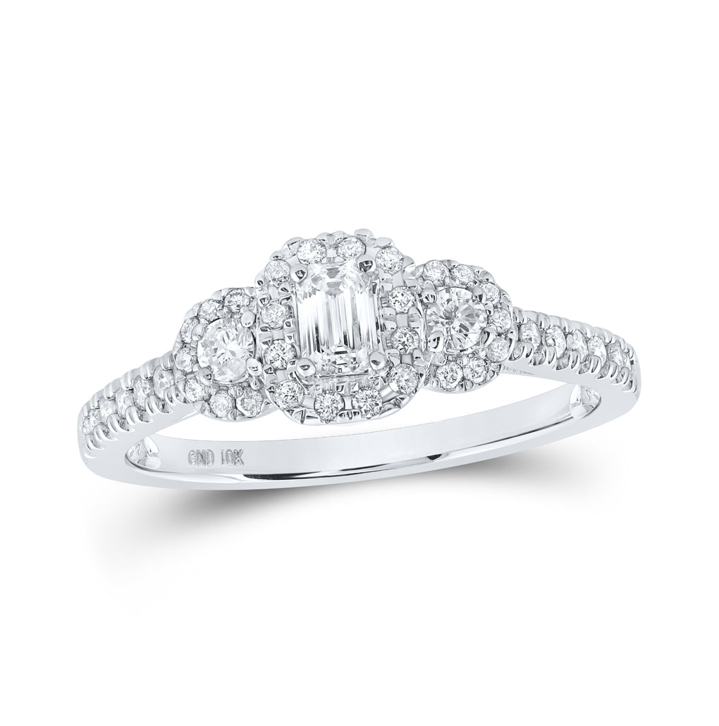 10K White Or Yellow Gold Emerald Diamond 3-stone Bridal Wedding Engagement Ring , Womens Size: 5-10