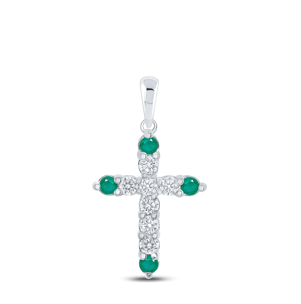 10K White Gold Womens Round Emerald Diamond Cross Pendant 3/8 Cttw