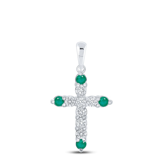 10K White Gold Womens Round Emerald Diamond Cross Pendant 3/8 Cttw