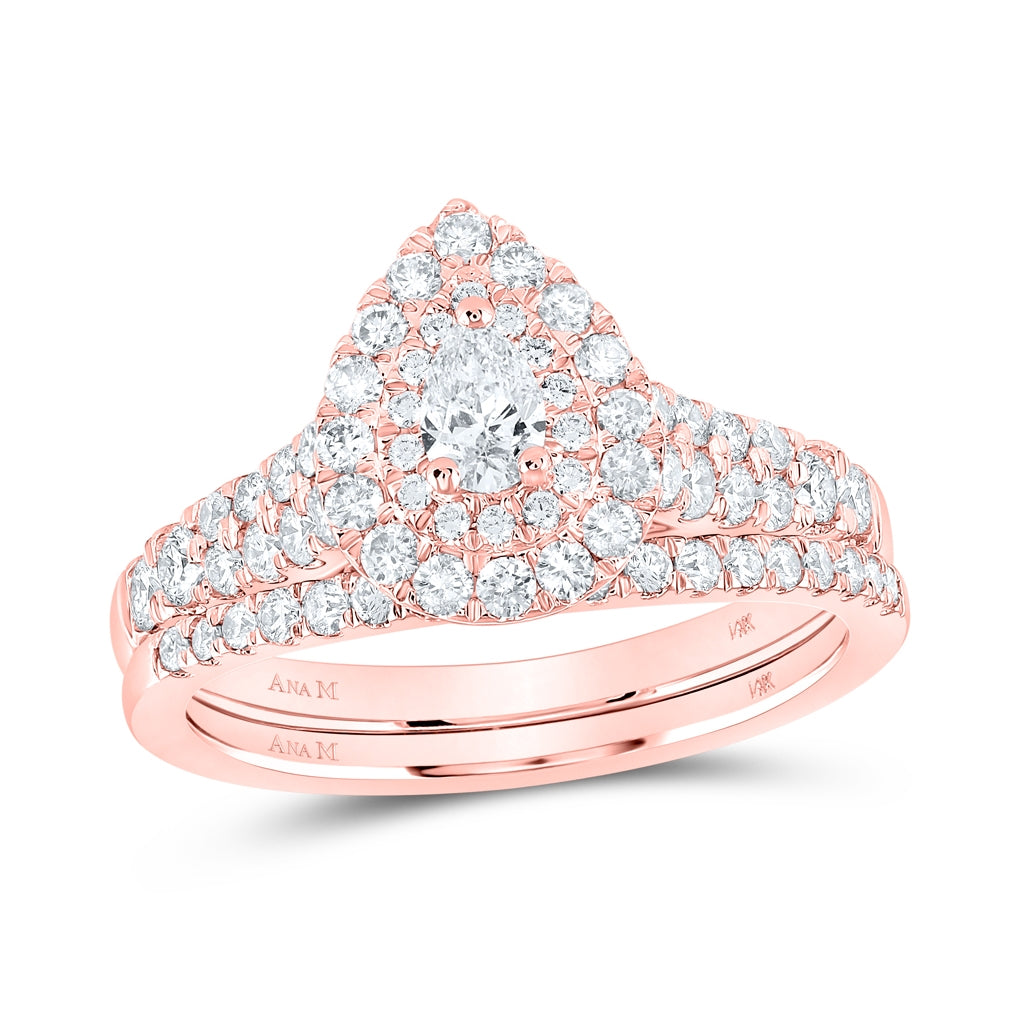 14K Rose Or Yellow Gold Pear Diamond Halo Bridal Wedding Ring Band Set , Womens Size: 5-10