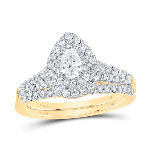 14kt Yellow Gold 1 Ctw Diamond Ana M 1/3ct-cpear Bridal Set Double Halo