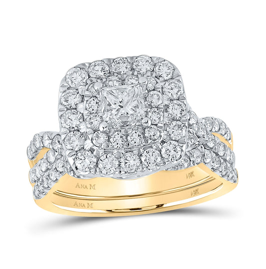 14K Yellow Gold Princess Diamond Square Halo Bridal Wedding Ring Band Set 2 Cttw, Womens Size: 5-10