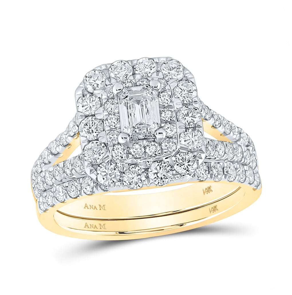 14K Yellow Gold Emerald Diamond Halo Bridal Wedding Ring Band Set 2ctw, Women's Size: 5-10