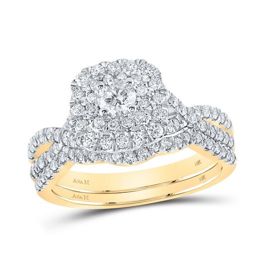 14K Yellow Gold Round Diamond Square Halo Bridal Wedding Ring Band Set 1 Cttw, Womens Size: 5-10