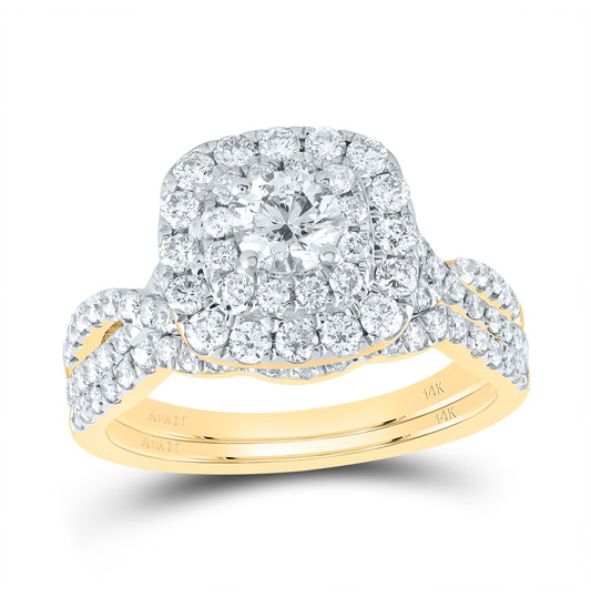 14K Yellow Gold Round Diamond Halo Bridal Wedding Ring Band Set 1-1/2 Cttw, Womens Size: 5-10