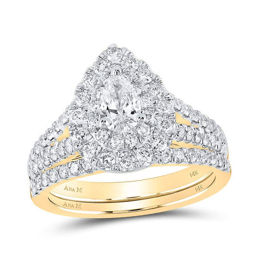 14K Yellow Gold Pear Dia. Halo Bridal Wedding Band Set 1-1/2ctw, Women's Size: 5-10