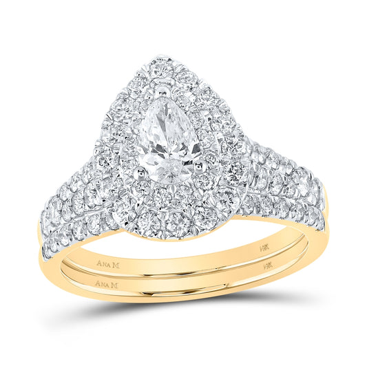 14K Yellow Gold Pear Dia. Halo Wedding Band Set 1-1/2ctw, Women's Sz: 5-10
