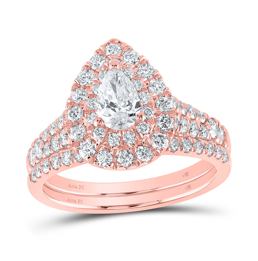 14kt Rose Gold 1 1/2ctw Diamond Ana M 3/8ct-cpear Bridal Set Double Halo