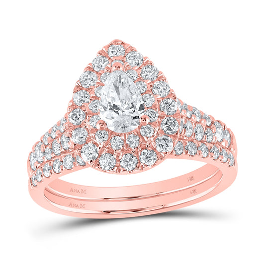 14kt Rose Gold 1 1/2ctw Diamond Ana M 3/8ct-cpear Bridal Set Double Halo