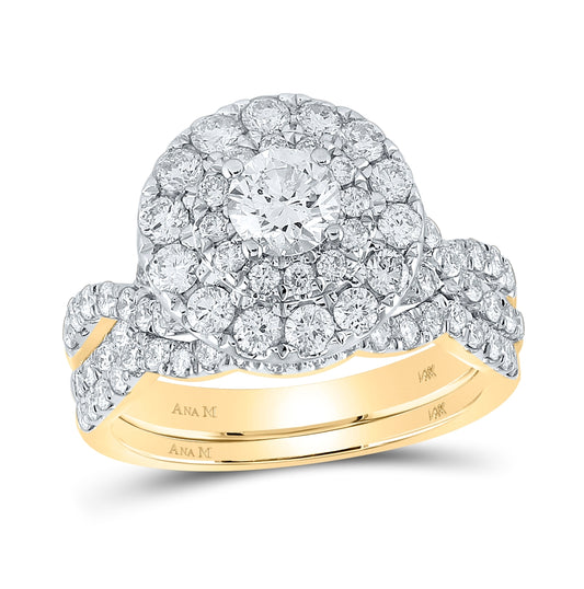 14K Yellow Gold Round Dia. Halo Bridal Wedding Ring Band Set 2ctw, Women's Size: 5-10