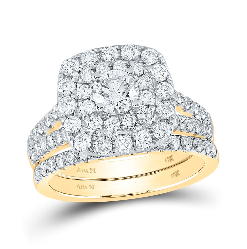14K Yellow Gold Round Diamond Halo Bridal Wedding Ring Band Set 2ctw, Women's Size: 5-10