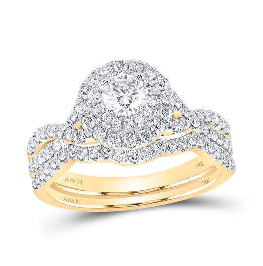14K Yellow Gold Round Dia. Halo Bridal Wedding Band Set 1ctw, Women's Size: 5-10