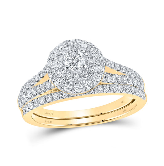 14K Yellow Gold Round Dia. Halo Bridal Wedding Band Set 1ctw, Women's Size: 5-10
