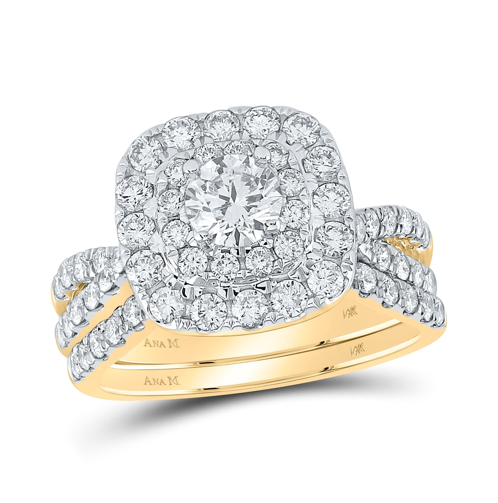 14K Yellow Gold Round Diamond Square Halo Bridal Wedding Ring Band Set 2 Cttw, Womens Size: 5-10