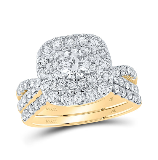 14K Yellow Gold Round Diamond Square Halo Bridal Wedding Ring Band Set 2 Cttw, Womens Size: 5-10