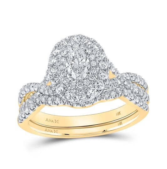 14K Yellow Gold Oval Dia. Halo Bridal Wedding Ring Band Set 1ctw, Women's Size: 5-10