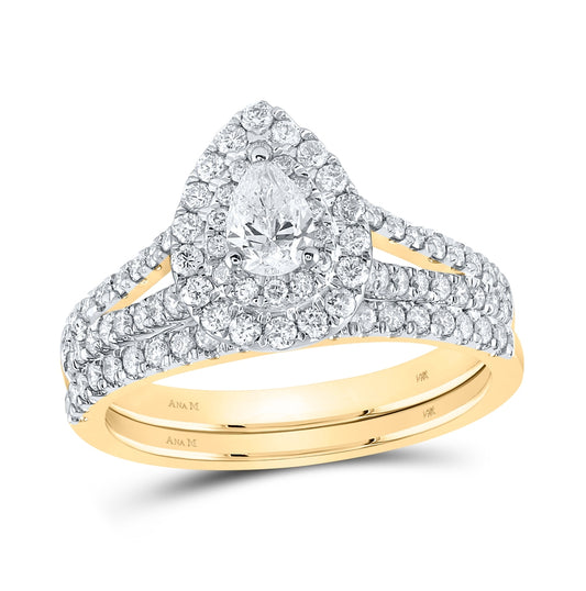 14K Rose Or Yellow Gold Pear Diamond Halo Bridal Wedding Ring Band Set , Womens Size: 5-10