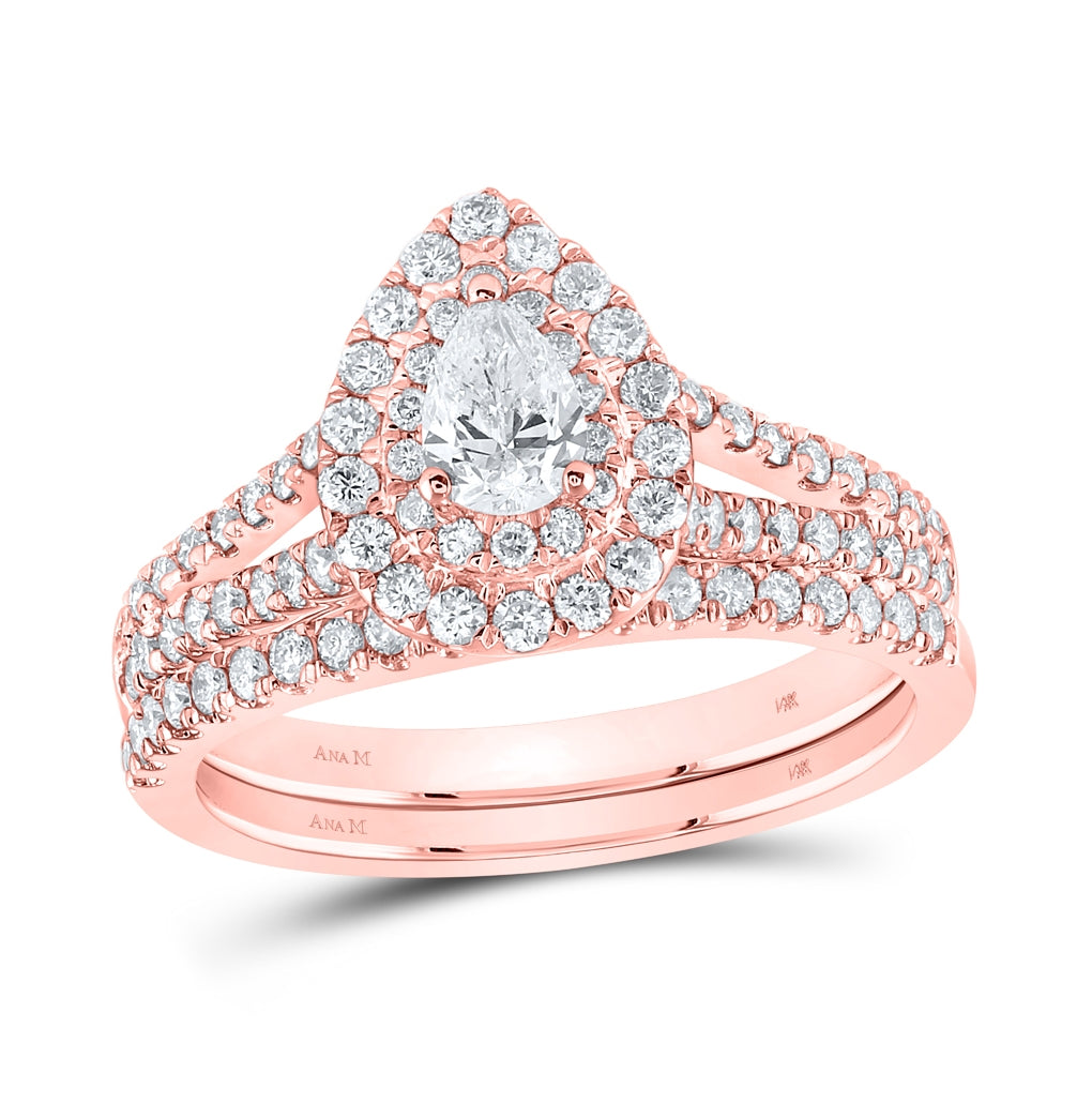14K Rose Or Yellow Gold Pear Diamond Halo Bridal Wedding Ring Band Set , Womens Size: 5-10