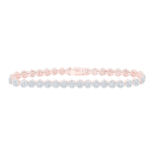 10K Rose Gold Womens Round Diamond Flower Cluster Fashion Bracelet 4-3/8 Cttw
