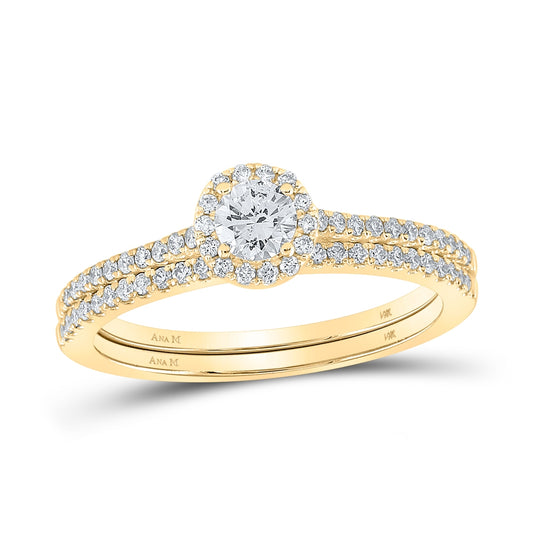 14K Yellow Gold Round Diamond Halo Bridal Wedding Ring Band Set 5/8 Cttw, Womens Size: 5-10