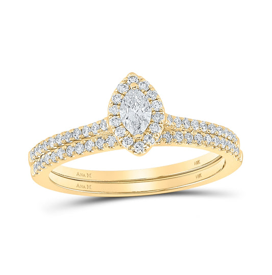 14K Yellow Gold Marquise Diamond Halo Bridal Wedding Ring Band Set 1/2 Cttw, Womens Size: 5-10