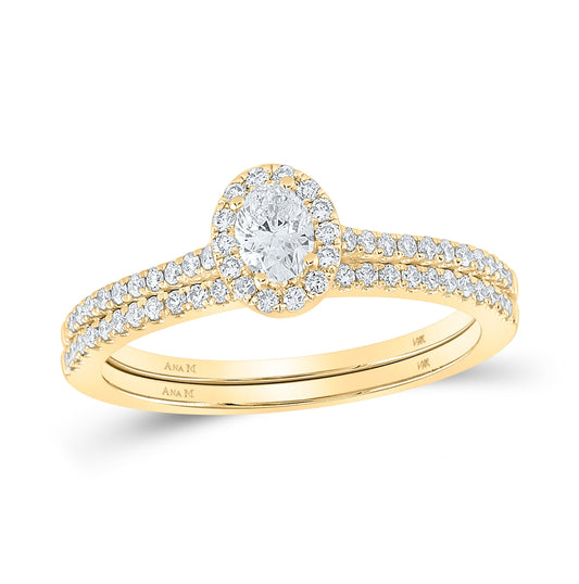 14K Yellow Gold Oval Diamond Halo Bridal Wedding Ring Band Set 1/2 Cttw, Womens Size: 5-10