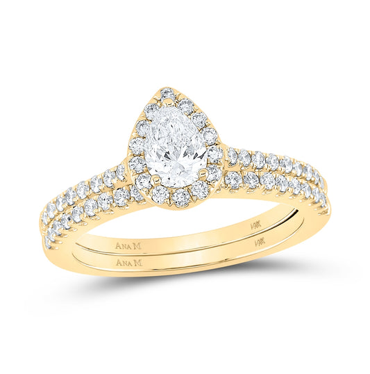 14K Yellow Or Two-Tone Gold Pear Diamond Halo Bridal Wedding Ring Band Set , Womens Size: 5-10