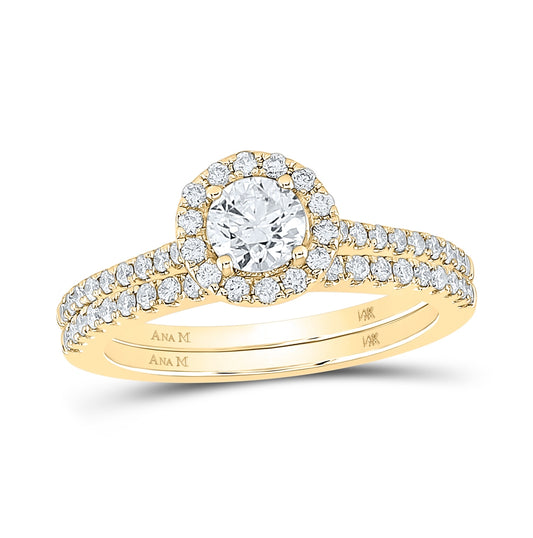 14K Yellow Or Two-Tone Gold Round Diamond Halo Bridal Wedding Ring Band Set , Womens Size: 5-10