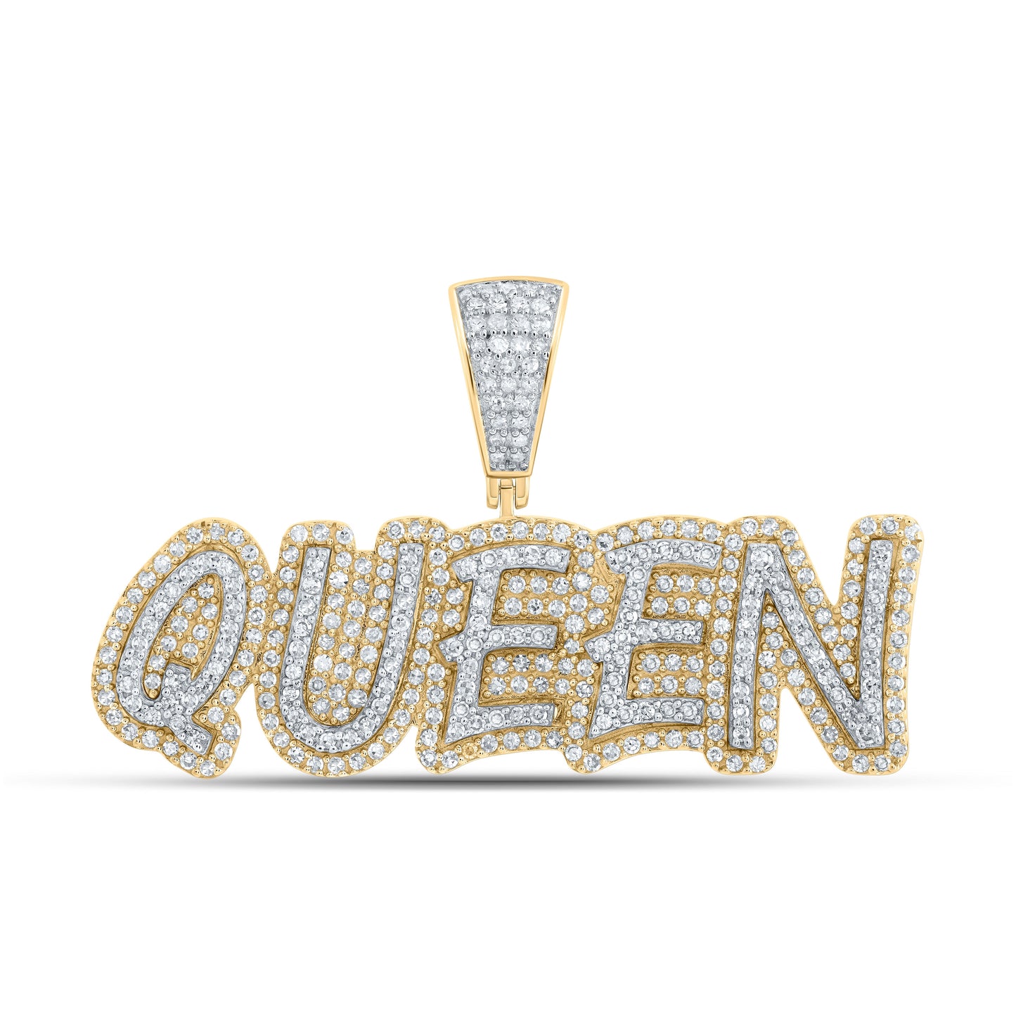10K Yellow Gold Womens Round Diamond QUEEN Letter Pendant 1 Cttw, Length: 0.94 In, Width: 1.56 In