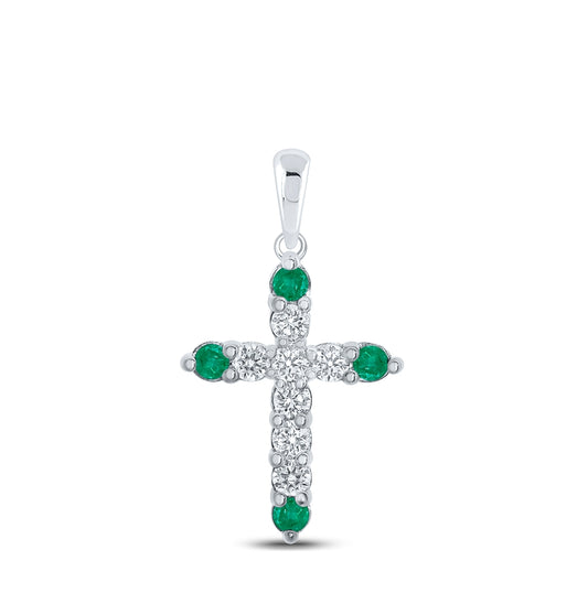 10K White Gold Womens Round Emerald Diamond Cross Pendant 1/5 Cttw, Length: 0.86 In, Width: 0.46 In