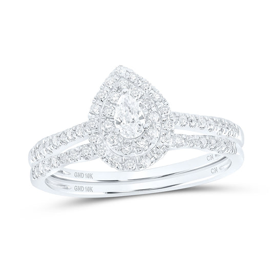 10K White Gold Pear Dia. Halo Bridal Wedding Band Set 3/8ctw, Women's Sz: 5-10