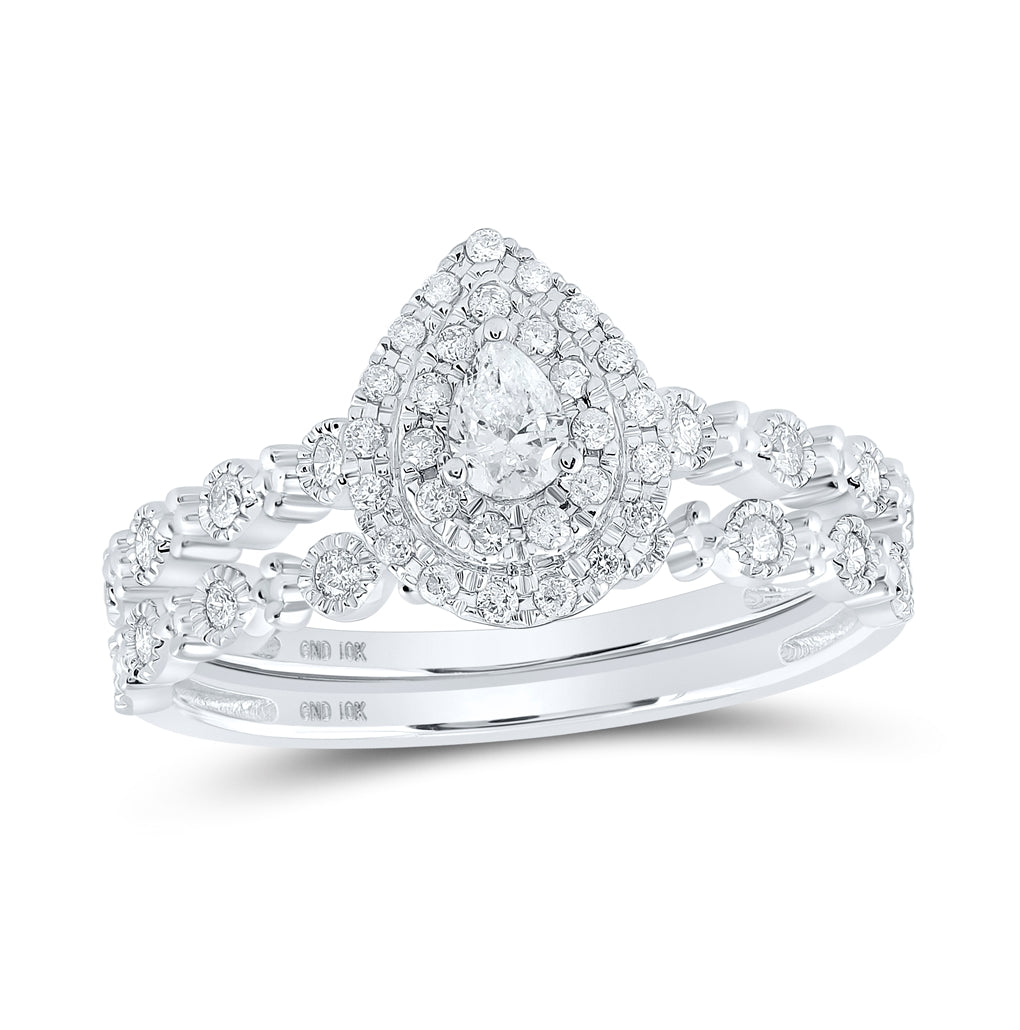 10K White Gold Pear Diamond Halo Bridal Wedding Ring Band Set 3/8ctw, Womens Size: 5-10