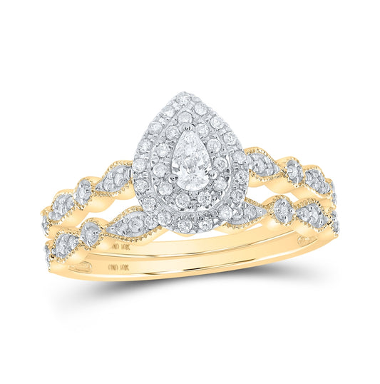 10K White Or Yellow Gold Pear Diamond Halo Bridal Wedding Ring Band Set , Womens Size: 5-10