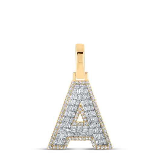 10K Yellow Gold Mens Baguette Diamond Initial Letter Charm Pendant