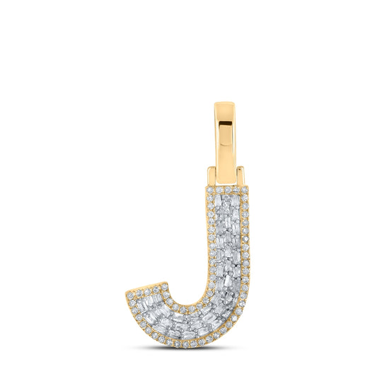 10K Yellow Gold Mens Baguette Diamond Initial Letter Charm Pendant