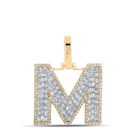 10K Yellow Gold Mens Baguette Diamond M Initial Letter Charm Pendant 3/4 Cttw, Length: 1.13 In, Width: 0.62 In