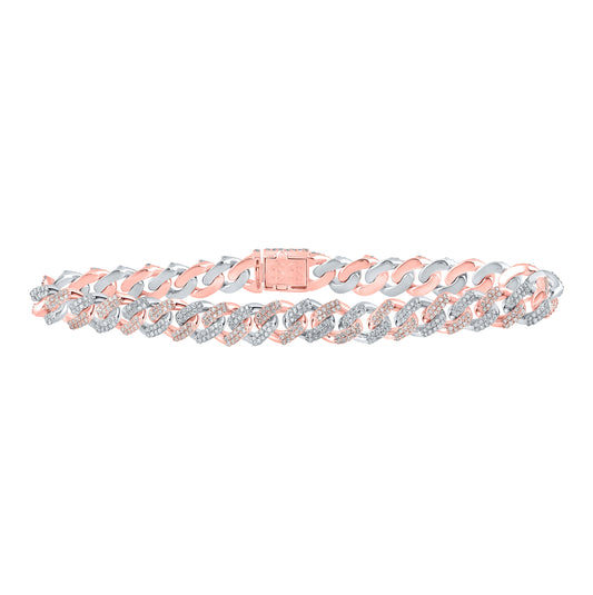 10K Two-tone Gold Womens Round Diamond Cuban Link Bracelet 3-1/4 Cttw
