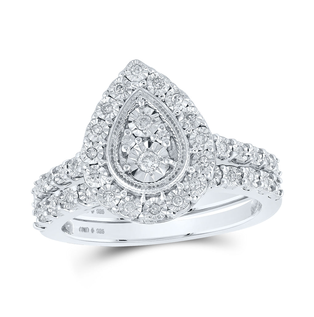 Sterling Silver Round Diamond Teardrop Bridal Wedding Ring Band Set 1/5 Cttw, Womens Size: 5-10