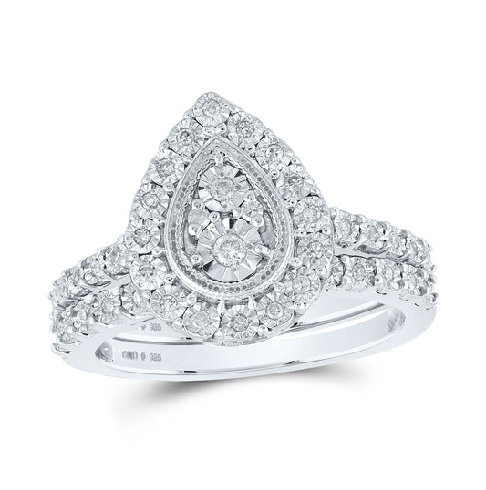 Sterling Silver Round Diamond Teardrop Bridal Wedding Ring Band Set 1/5 Cttw, Womens Size: 5-10