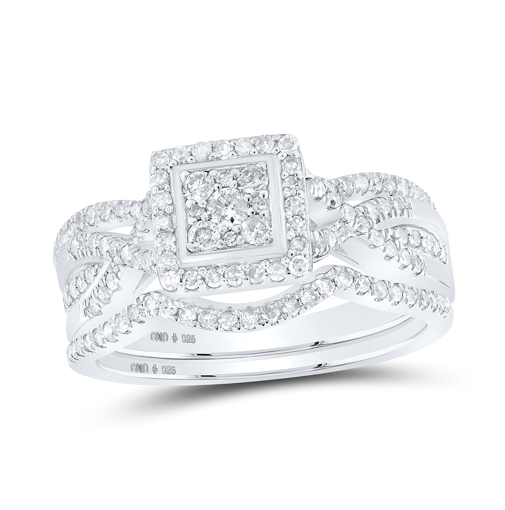 Sterling Silver Round Diamond Square Bridal Wedding Ring Band Set 5/8 Cttw, Womens Size: 5-10